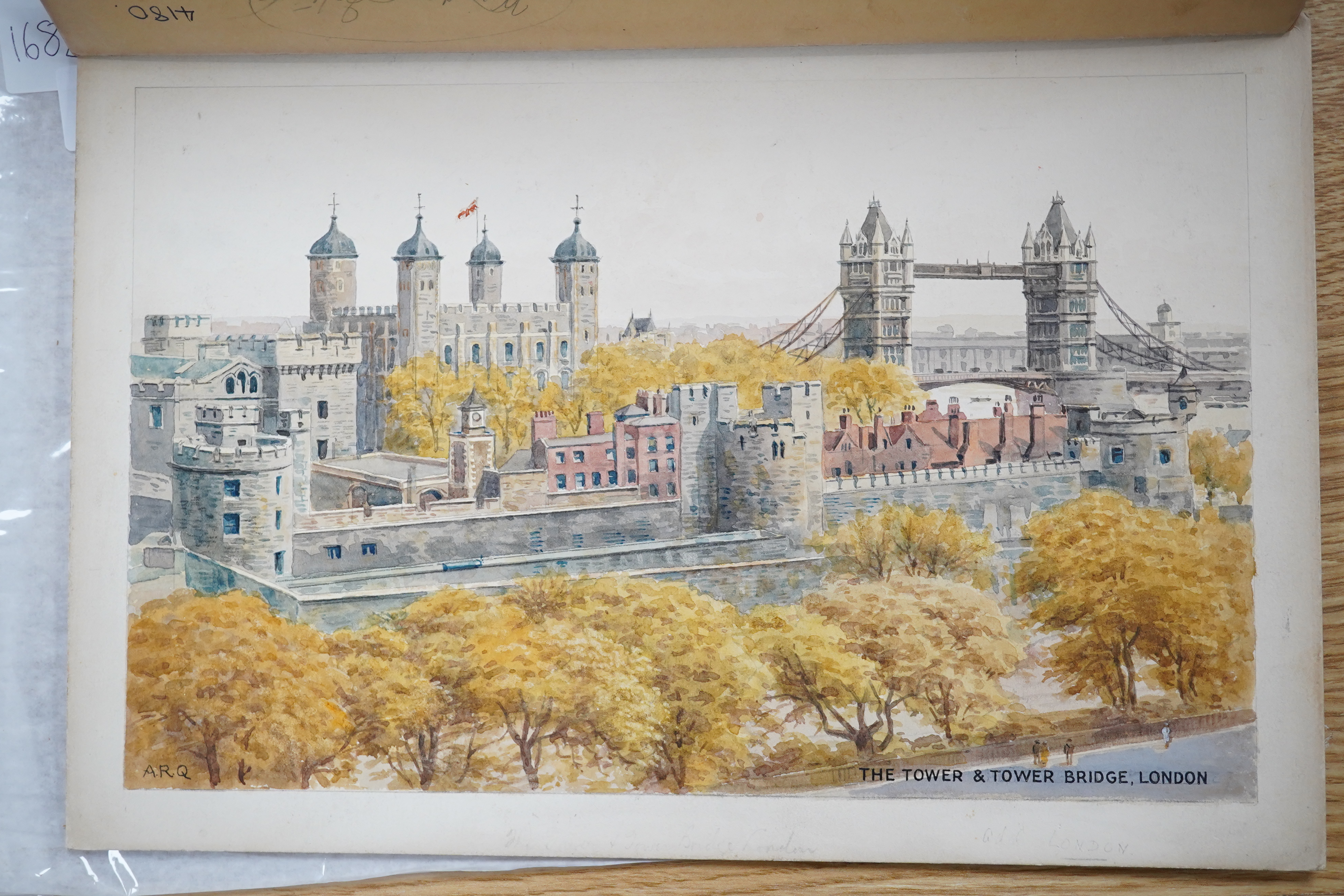 Alfred Robert Quinton (1853-1934), four original watercolours for postcards, London and Windsor views comprising Piccadilly Circus, Trafalgar Square, Guards Band at Windsor and The Tower, two monogrammed, 20 x 30cm, unfr